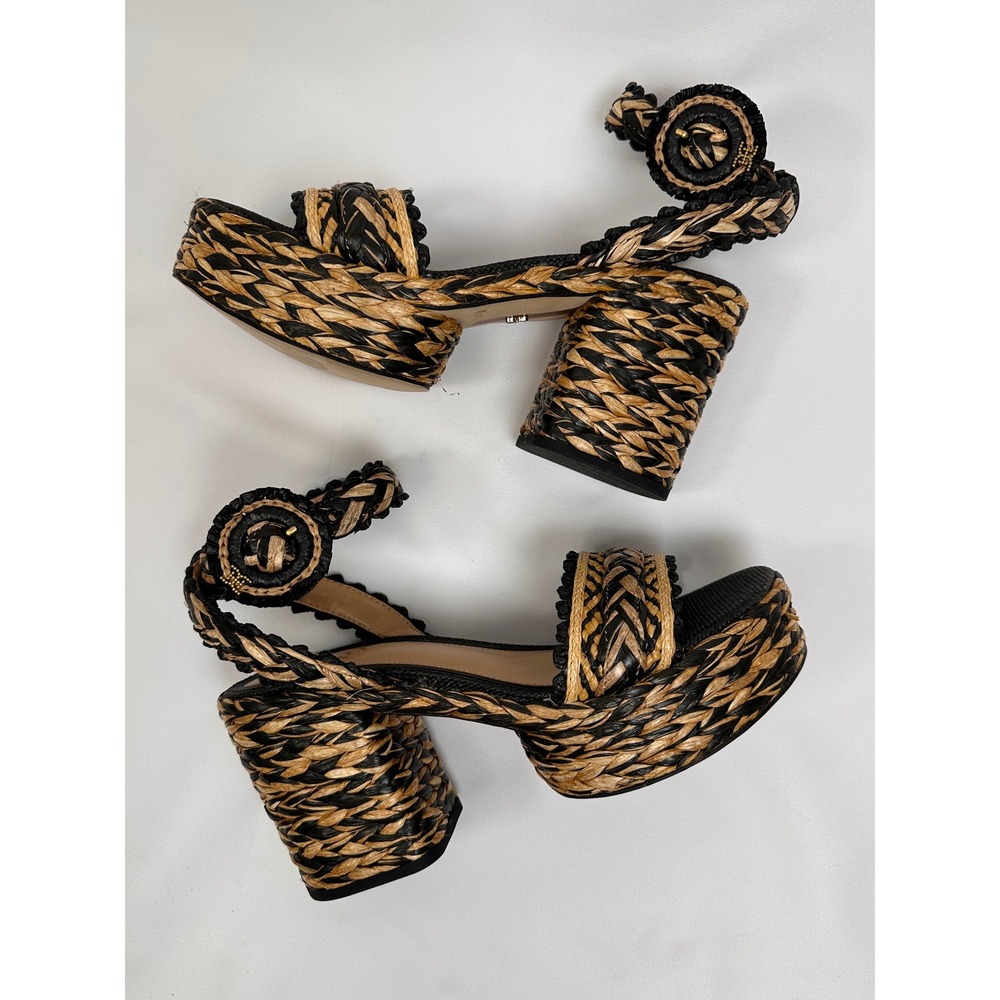 Sam Edelman Iliana Raffia Platform Sandals 7.5 Fits 8.5 Black Natural Woven
